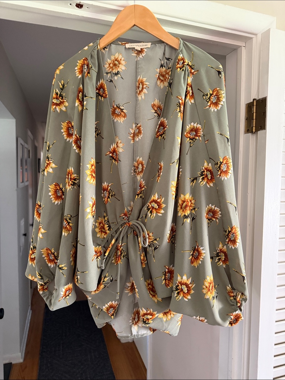 Tie-Front Floral Blouse in Sage Green by Love Tree